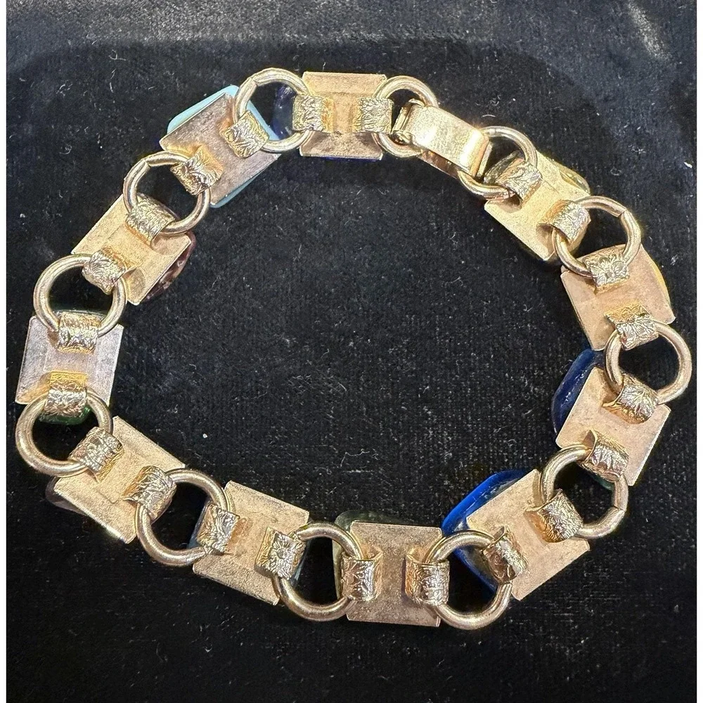 Vintage Murano Art Glass Bracelet Multi-Color Square Links 7.5